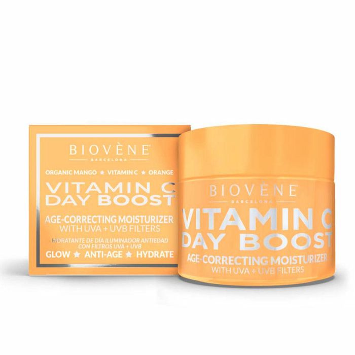 Biovène VITAMIN C DAY BOOST Crema Hidratante Facial Antiedad Iluminadora con Vitamina C, Mango Orgánico, UVA/UVB, 50ml. Para Todo Tipo de Piel.