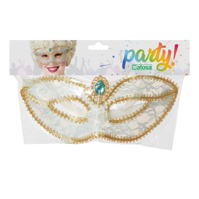 Máscara Veneciana Azul con Encaje Blanco y Ribetes Dorados, Adornada con Joya Turquesa - Ideal para Carnaval y Eventos Elegantes 1 Máscara Veneciana Azul con Encaje Blanco y Ribetes Dorados, Adornada con Joya Turquesa - Ideal para Carnaval y Eventos Elegantes 1