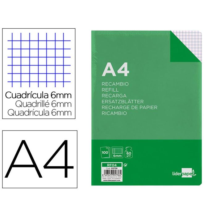 Recambio Liderpapel A4 100 Hojas 60 gr-M2 Cuadro 6 mm 4 Taladros Con Margen