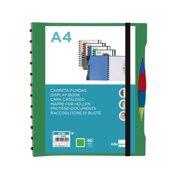 Liderpapel Carpeta A4 con 40 Fundas Intercambiables, 5 Separadores, Sobre y Goma, Portada Personalizable, Verde 1