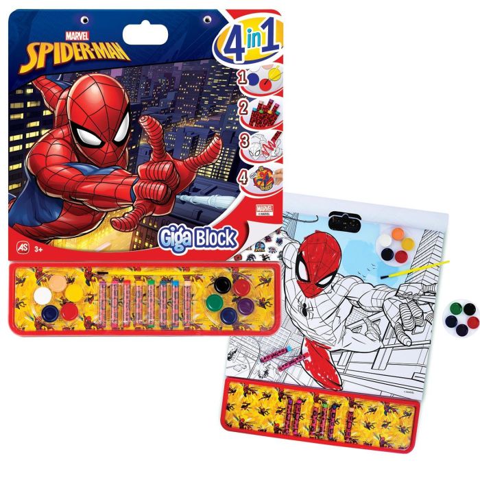 Cefa 21873 Giga Block Spiderman 4 en 1 Set de Arte con Acuarelas, Pincel, Ceras y Pegatinas para Colorear +3 años