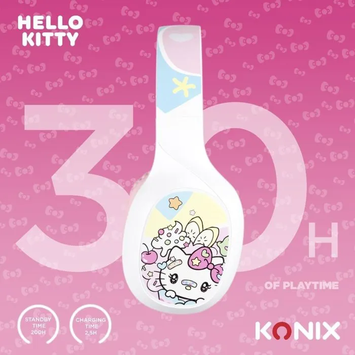 Konix Auriculares Inalámbricos Bluetooth 5.3 Hello Kitty, 30h Batería, Blanco y Rosa, PC Smartphone Tablet