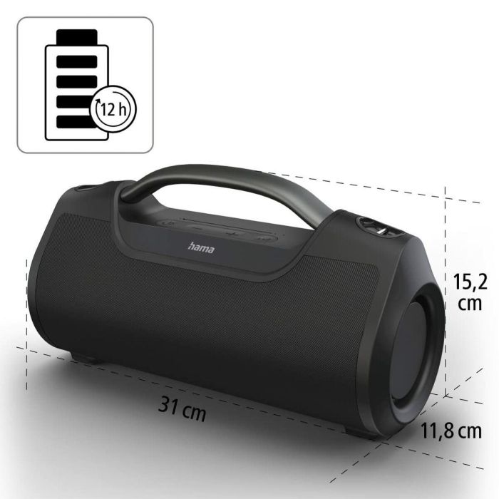 Hama Altavoz Soundbarrel Negro - Sonido Potente, Bluetooth 5.0, Resistente al Agua IPX6, Batería de 12h 12