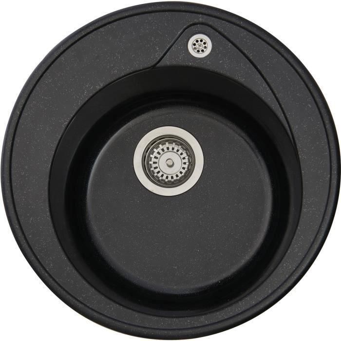 Stradour - 06 Fregadero de Cocina RONDA Incorporado SMC Negro Paillete 1 Seno Ø 49 cm No Perforado con Kit Vaciado Manual y Sifón