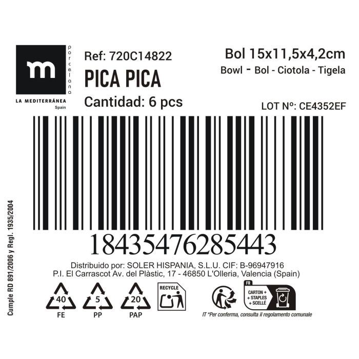 La Mediterranea Bol Aperitivo Ass.Col 15 cm x 11.5 cm x 4.2 cm "Pica-Pica" (24 Unidades)