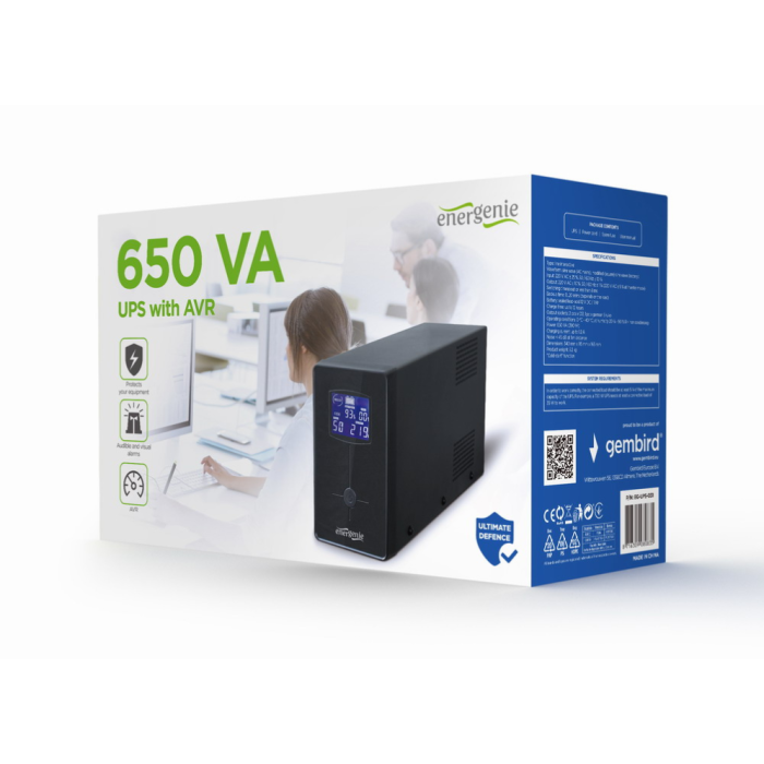 Gembird EG-UPS-031 Sistema de Alimentación Ininterrumpida (UPS) 0.65 kVA 390 W 3 Salidas AC Negro con Pantalla LCD y 20 min de Autonomía