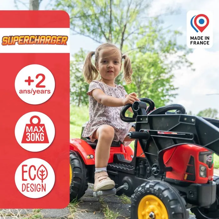 Falk Tractor de pedal rojo con capó abatible y pala articulada, incluye remolque para niños de 2 a 5 años 3
