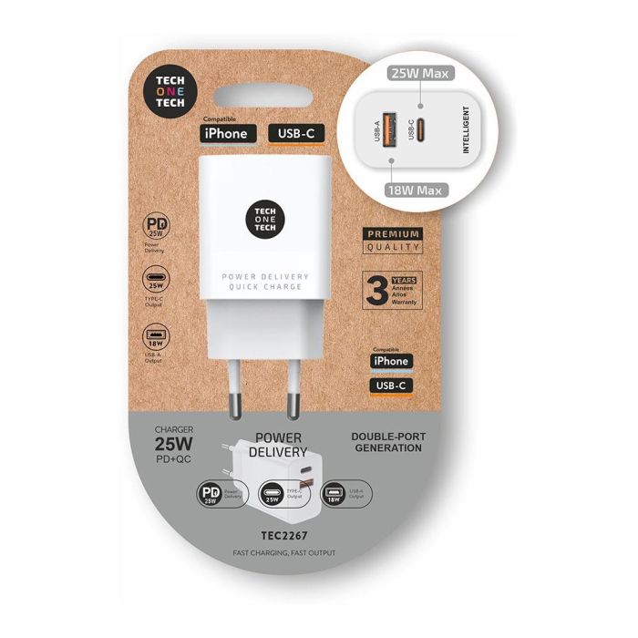 Cargador de Pared Tech One Tech TEC2267/ 1xUSB Tipo-C/ 1xUSB/ 3A/ Blanco 1 Cargador de Pared Tech One Tech TEC2267/ 1xUSB Tipo-C/ 1xUSB/ 3A/ Blanco 1