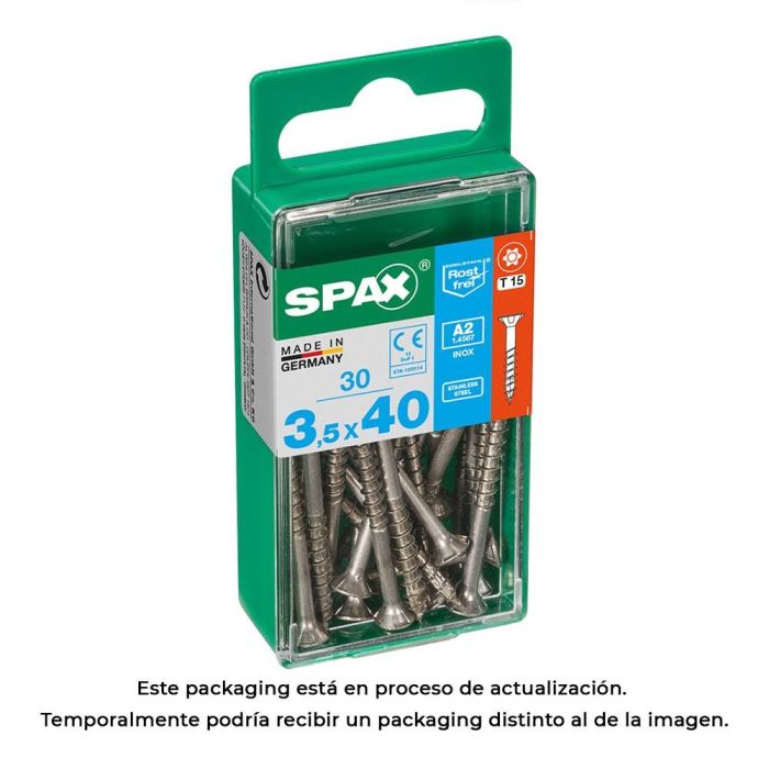 Spax 4197000350401 Tornillo Madera Inoxidable A2 Cabeza Plana 3.5x40 mm Rosca Parcial T-STAR plus T15 4CUT Caja 30 Uds. 0 Spax 4197000350401 Tornillo Madera Inoxidable A2 Cabeza Plana 3.5x40 mm Rosca Parcial T-STAR plus T15 4CUT Caja 30 Uds. 0