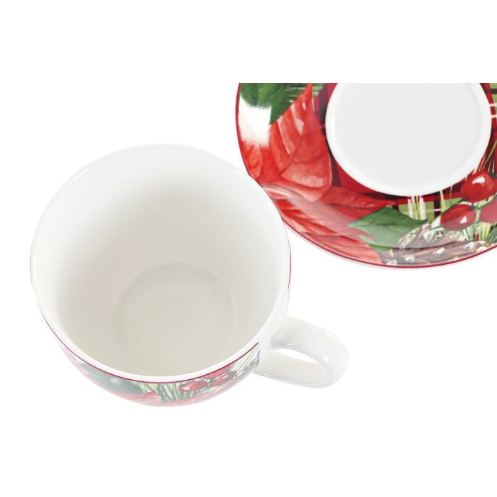 DKD Home Decor Taza Navidad Tradicional Porcelana 220ml Set 2 Piezas Rojo y Verde con Flores Apto Microondas y Lavavajillas 2