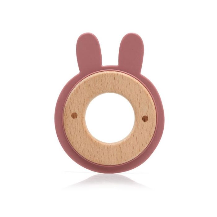 KioKids Mordedor para Bebés +3 Meses, Madera Haya y Silicona Rosa Conejito, Juguete que Alivia la Dentición y Estimula Sentidos 2