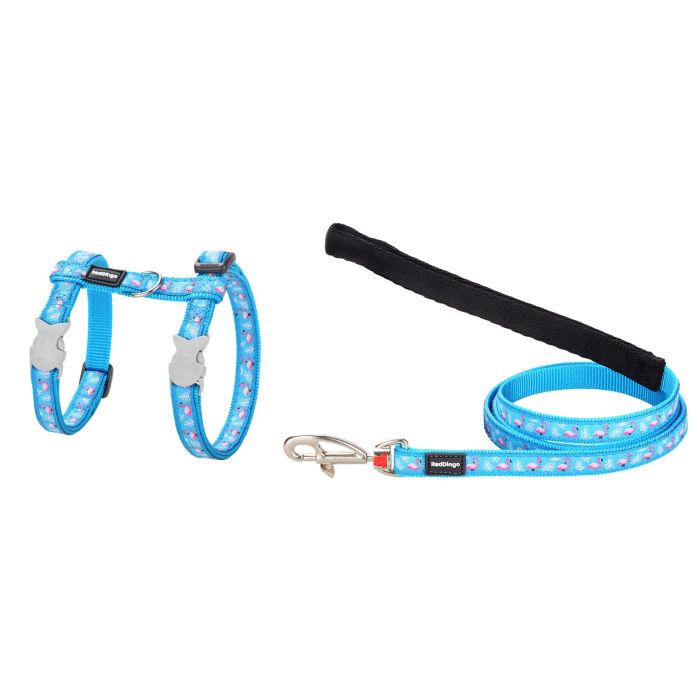 Red Dingo Arnés y Correa para Gato Flamingo Turquesa Ajustable Nylon 12mm (Cuello 21-35cm, Cuerpo 27-48cm, Correa 1.2m)