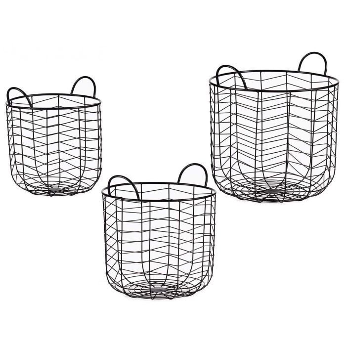 Giftdecor Set 3 Cestos Metálicos Redondos Negro con Asas - 40x40x42.5 cm, 35x35x38.5 cm, 30x30x35 cm