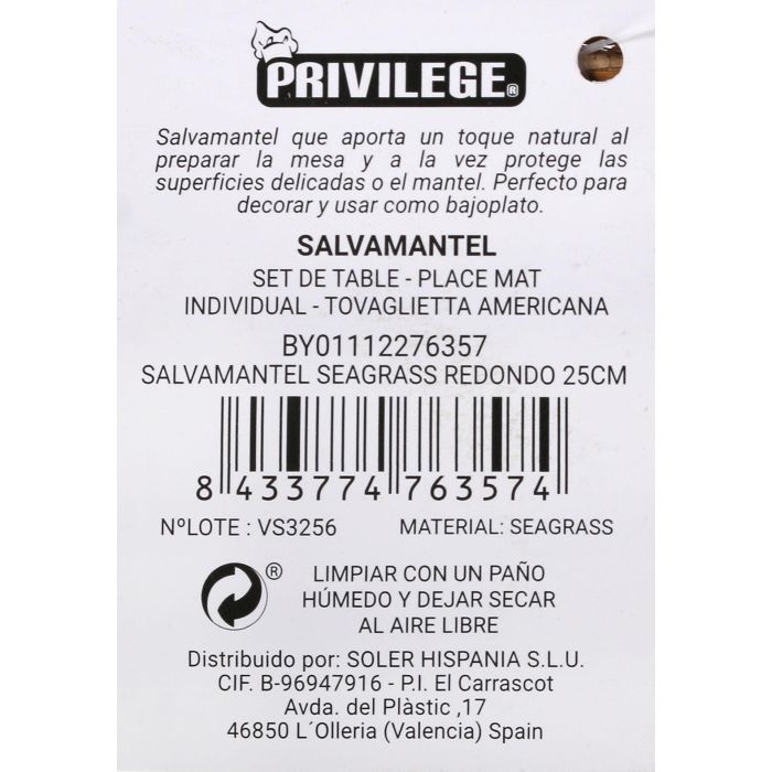 Privilege Salvamantel Redondo de Seagrass 25 cm (36 Unidades) 6 Privilege Salvamantel Redondo de Seagrass 25 cm (36 Unidades) 6