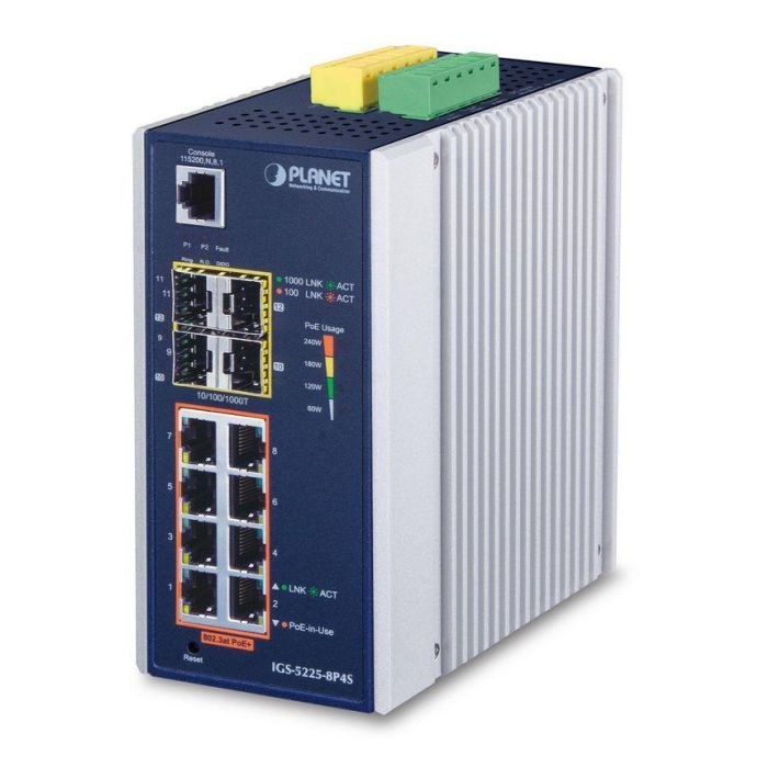 Planet Switch industrial 8 puertos PoE Gigabit 10/100/1000T 802.3at + 4 SFP 100/1000X gestionable L2+ Planet Switch industrial 8 puertos PoE Gigabit 10/100/1000T 802.3at + 4 SFP 100/1000X gestionable L2+