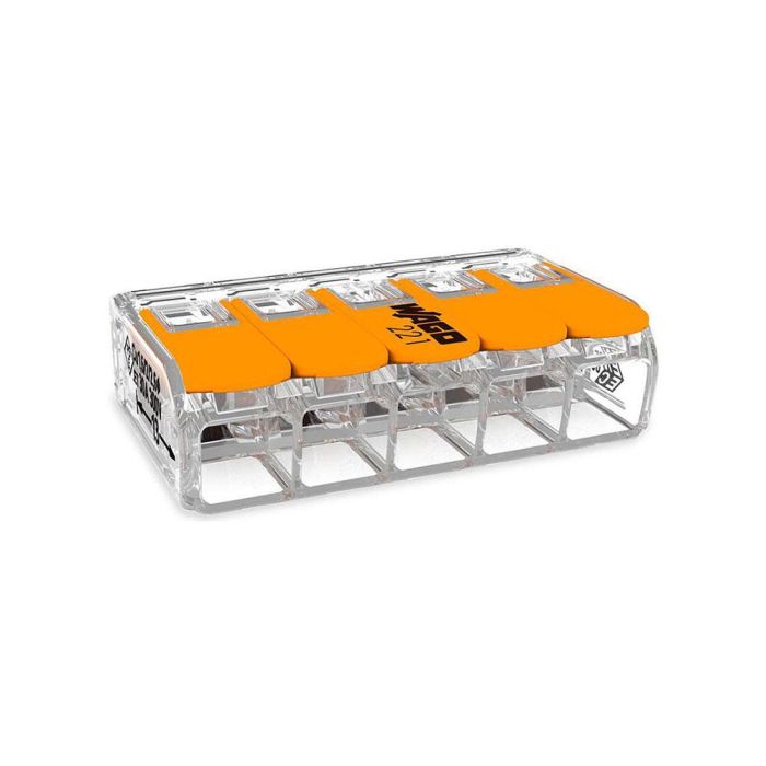 Conector rapido con palanca 5 conductores, ø maximo 6 mm², 450 v , 41 a transparente 36 x 21,1 x 10,1 mm 0 Conector rapido con palanca 5 conductores, ø maximo 6 mm², 450 v , 41 a transparente 36 x 21,1 x 10,1 mm 0