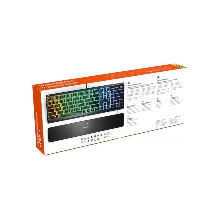 SteelSeries Apex 3 Teclado Gaming - Resistencia al Agua IP32, Iluminación RGB 10 Zonas, Switches Silenciosos, Reposa Muñecas Magnético, Español QWERTY - 64798