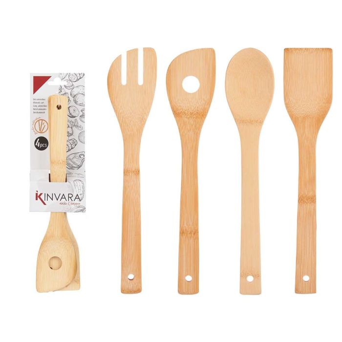 Set 4 utensilios cocina bambú Kinvara - 8x34.5x3.2 cm, marrón (12 Unidades)
