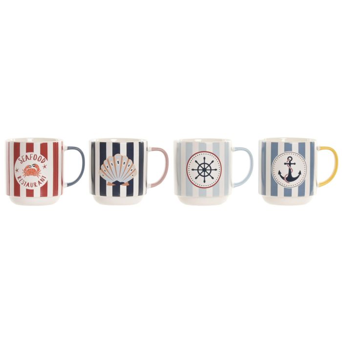 DKD Home Decor Mug Atlántico Porcelana New Bone Azul Blanco 8.5 x 10 x 12 cm (12 Unidades) Apto Microondas Lavavajillas 410ml