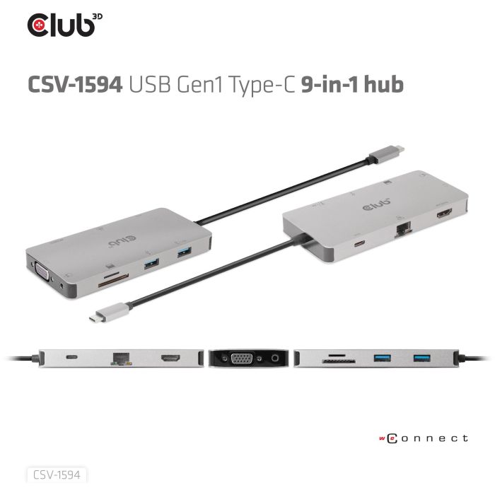 Club3D CAC-1589 USB-C 9in1-HUB HDMI/VGA/2xUSB/USB-C/RJ45/SD PD100W