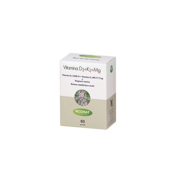 MEDNAT Vitamina D3 + K2 + Magnesio marino para huesos – Colecalciferol y Menaquinona 7 – 60 perlas