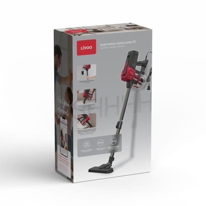 Aspiradora vertical con cable - LIVOO DOH142 - 600 W - 12 kPa - 82 dB - Ciclónica - 0,55 L - Roja 2