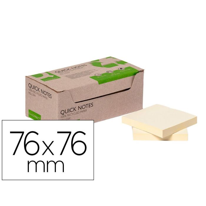 Bloc De Notas Adhesivas Quita Y Pon Q-Connect 76x76 mm 100% Papel Reciclado Amarillo En Caja De Carton 12 unidades