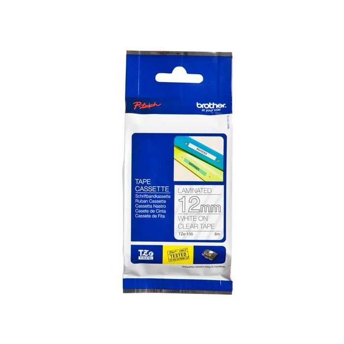 Brother Cinta Laminada Blanco sobre Transparente 12mm x 8m - Resistente Agua, UV y Temperaturas Extremas para Uso Exterior/Interior