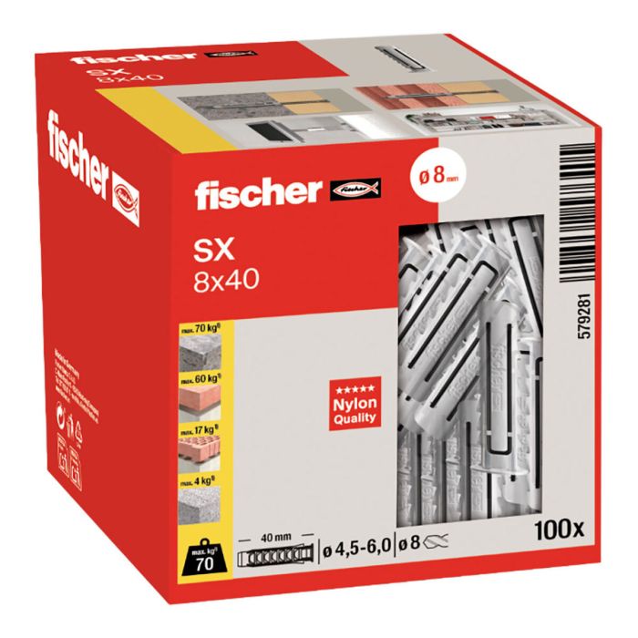 Fischer Taco SX Ø8 x 40 mm para Mampostería y Hormigón – Caja de 100 Unidades