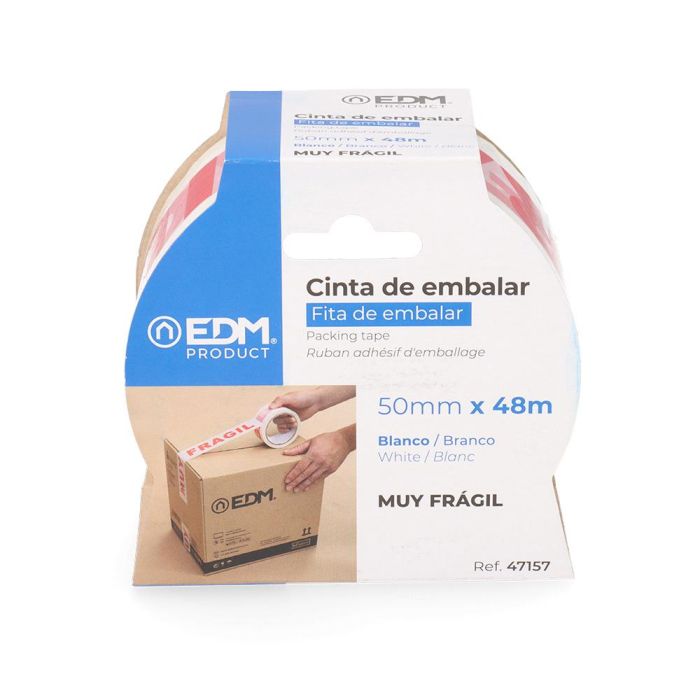 Edm Precinto "Muy Frágil" Blanco/Rojo 48 Micras Polipropileno 50 mm x 48 m Resistente intemperie 1