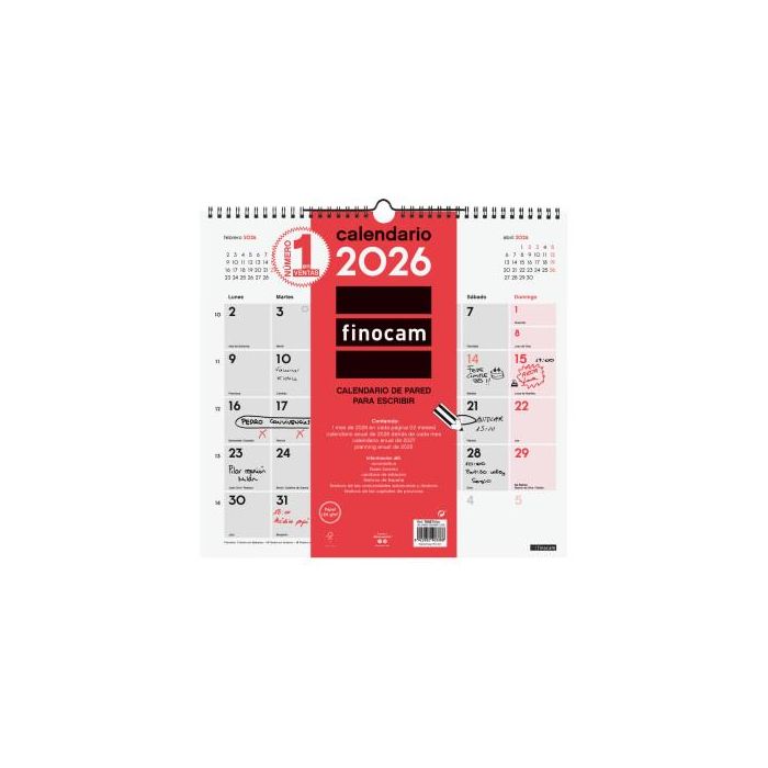 Finocam L-340x320 mm Mv Neutro Calendario de Pared 2026 para Escribir, con Espiral y Colgador, Ideal para Planificación