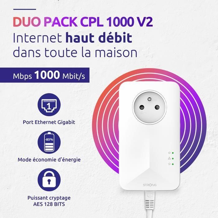 Kit CPL - STRONG - Powerline 1000 Duo - Toma filtrada - 2 adaptadores - Alta velocidad hasta 1000 Mbit/s 1 Kit CPL - STRONG - Powerline 1000 Duo - Toma filtrada - 2 adaptadores - Alta velocidad hasta 1000 Mbit/s 1