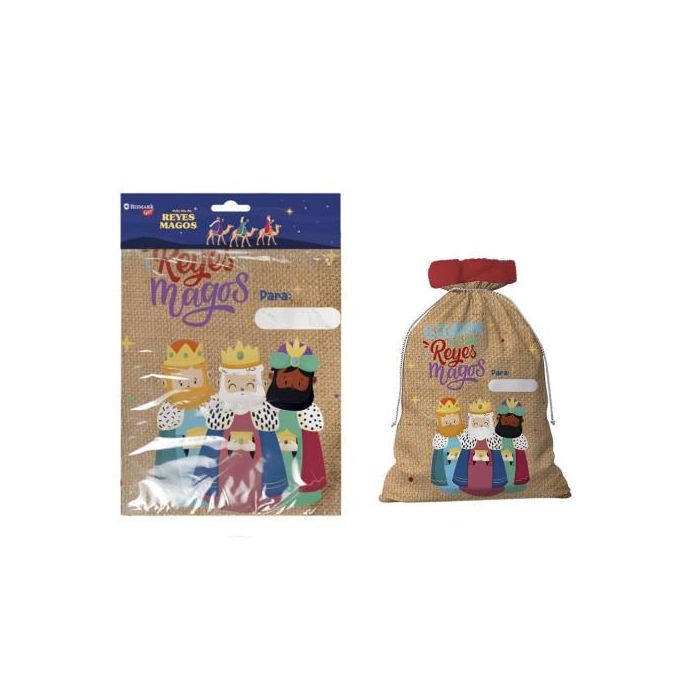 Bismark Saco de Regalos Reyes Magos Grande 332929, Saco Navideño Personalizable con Diseño Impreso y Tacto Peluche, Medida Blíster 25.5x43x4 cm