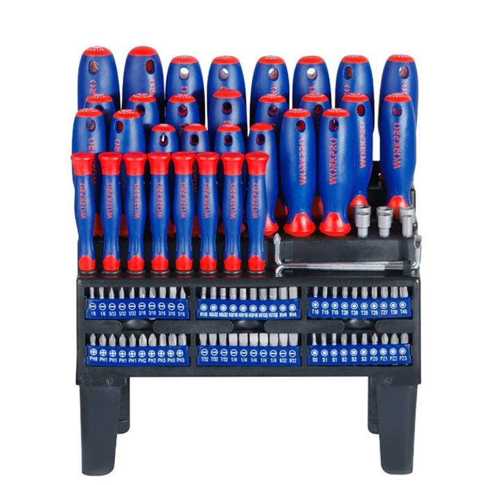 Workpro Destornilladores Juego 100 Piezas Hojas Cromo-Vanadio con Soporte Magnético y Variedad de Puntas para Precisión y Uso General
