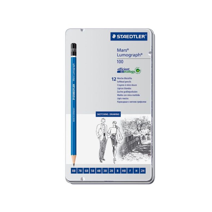 Lapices De Grafito Staedtler Mars Lumograph 100 Caja Metalica De 12 Lapices 8B- 7B-6B-5B-4B-3B-2B-B-Hb-F-H-2H 1