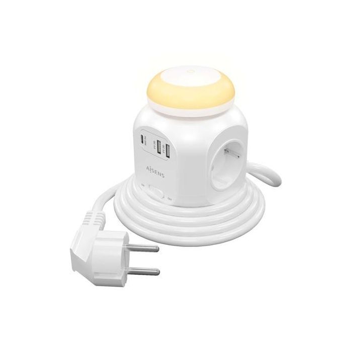 Aisens Regleta De Enchufes Sobremesa Multifuncion Con 4 Tomas + 1Xusb-C 20 W Pd3.0, 2Xusb-A 18 W Qc3.0, Luz Nocturna, 1.8M, Blanco