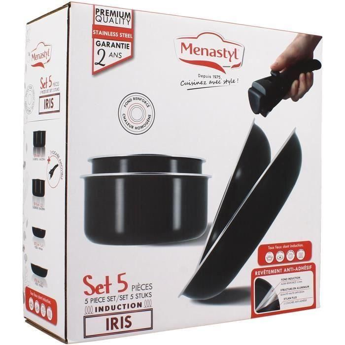 Batería de cocina - Inducción - MENASTYL - 6020437 - Aluminio antiadherente - 5 piezas - Mango extraíble - Negro 1 Batería de cocina - Inducción - MENASTYL - 6020437 - Aluminio antiadherente - 5 piezas - Mango extraíble - Negro 1