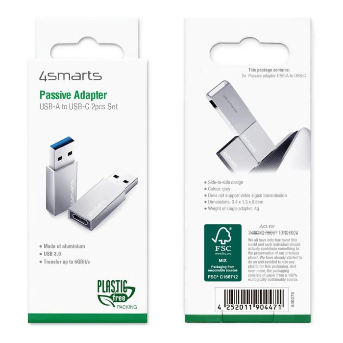 4smarts Adaptador USB-A 3.0 a USB-C 540275 (2 Piezas) Gris, Velocidad 5 Gbit/s, Bidireccional, Plug and Play 4