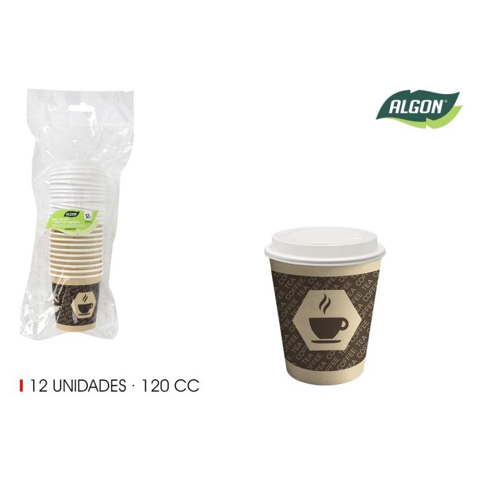 Set de 12 vasos de cartón café con tapa y agujero 120 ml - Algon (18 Unidades) Set de 12 vasos de cartón café con tapa y agujero 120 ml - Algon (18 Unidades)
