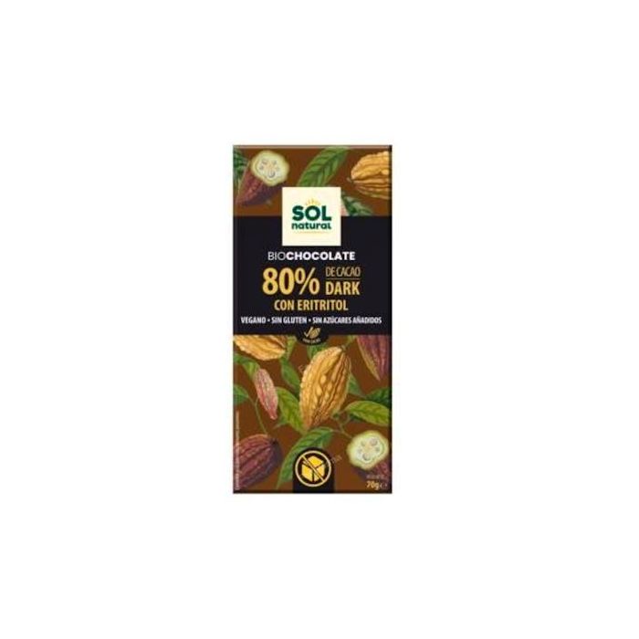SOLNATURAL Chocolate 80% Cacao con Eritritol Tableta 70g Bio Vegan Sin Gluten Sin Azúcares Ni Lactosa