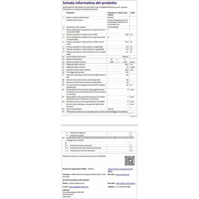 Philips 27E1N1800AE Monitor Profesional 27" 4K UHD IPS HDR Multimedia Regulable en altura Negro 34