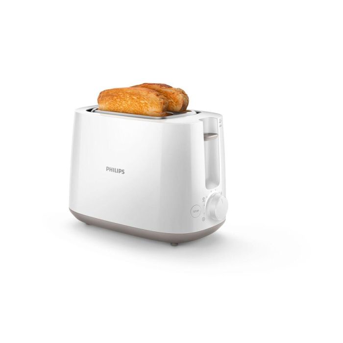 Philips HD2581/00 Tostadora Daily Collection 830W para 2 rebanadas, 8 ajustes de tostado, rejilla calientabollos, función descongelar, Blanco