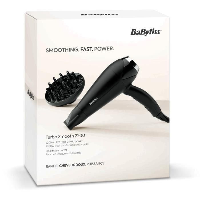Babyliss D572DE Secador de Pelo Turbo Smooth 2200W con Tecnología Iónica Anti-Encrespamiento, Difusor Grande y Boquilla Concentradora 2