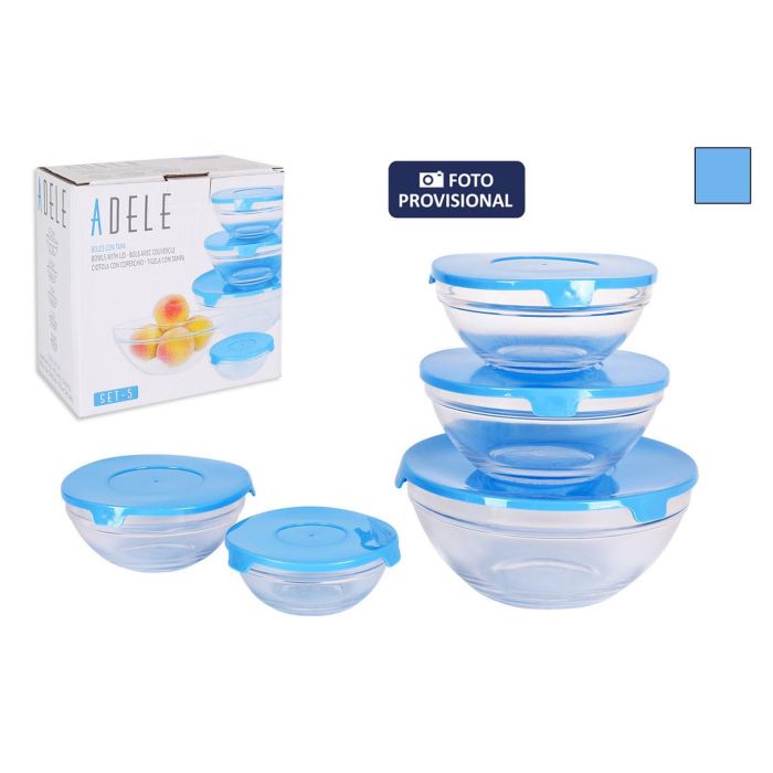 La Mediterranea Set 5 Boles con Tapa "Adele" Azul - Medidas 9.3, 10.6, 12.5, 14, 17 cm (12 Cajas)