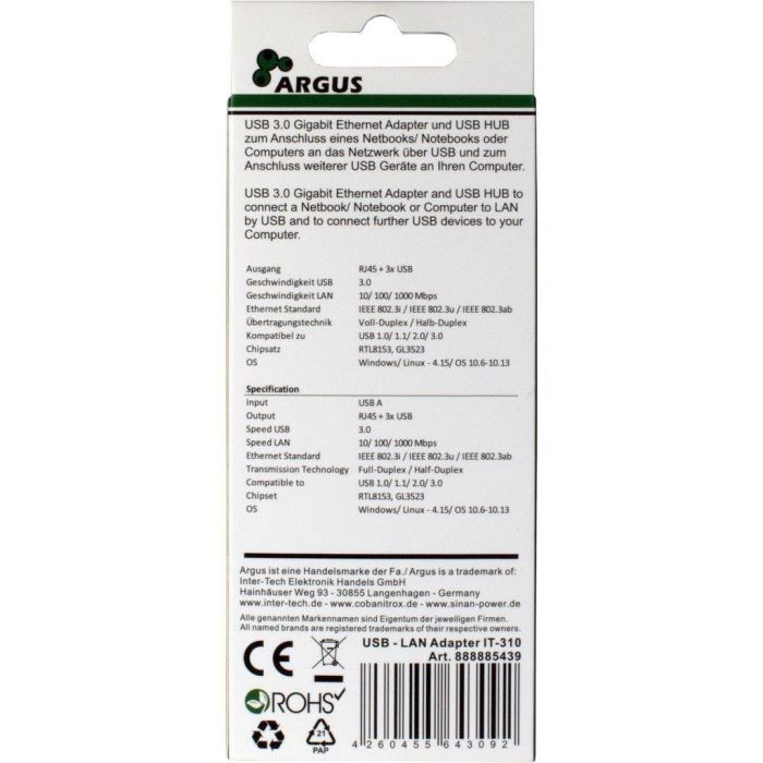 Inter-Tech IT-310 Hub USB 3.0 de 3 Puertos con RJ45 Gigabit LAN y Ethernet Pasivo Negro 3