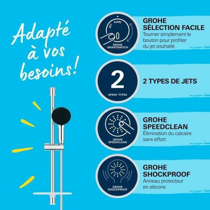 Grohe 26952001 Set de Ducha Vitalio Start 110 con Rociador 2 Chorros, Barra 60cm, Flexo y Estante - Ahorro Agua, Cromo 1