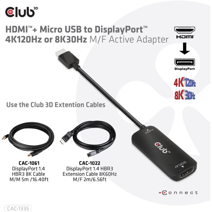 Club3D Adaptador HDMI + MicroUSB a DisplayPort Activo 4K120Hz 9 Club3D Adaptador HDMI + MicroUSB a DisplayPort Activo 4K120Hz 9