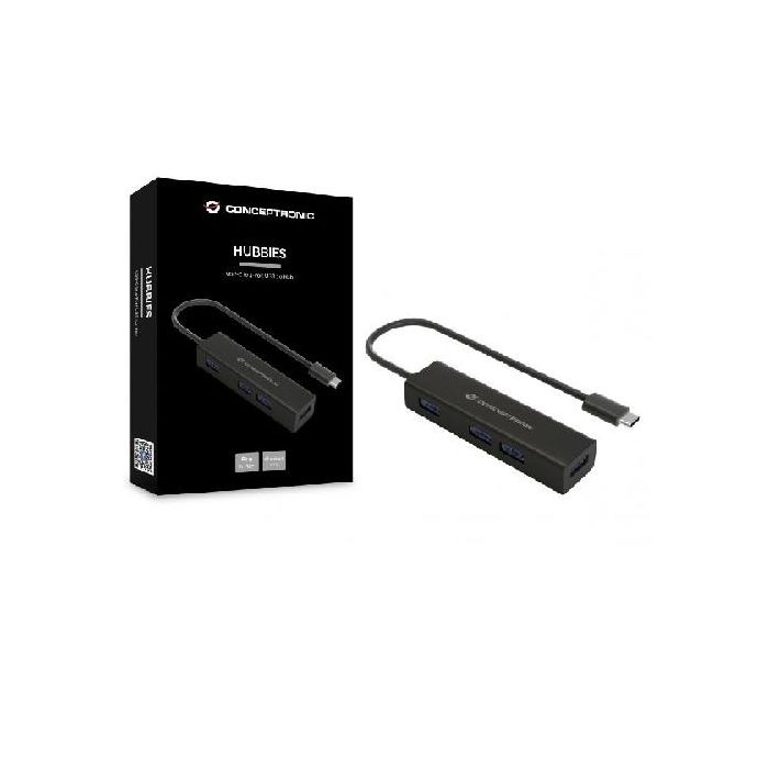 Conceptronic Hub USB Tipo C HUBBIES07B - 4 Puertos USB 3.0, Aluminio, Compatible con MacBook, Chromebook Pixel 1