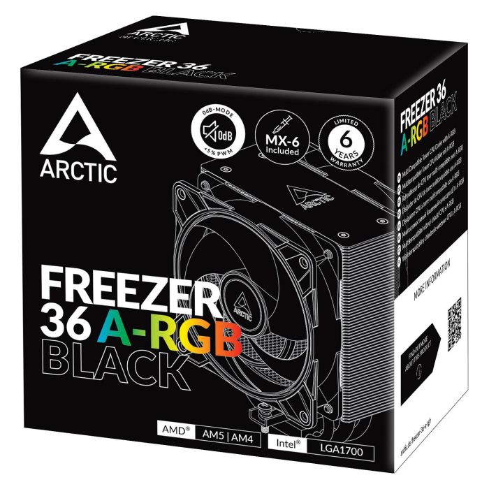 ARCTIC Refrigerador CPU Freezer 36 A-RGB Negro ACFRE00124A para Intel LGA1851/1700 y AMD AM5/AM4 con Ventilador 12cm PWM y Tubos de Calor de Aluminio 8