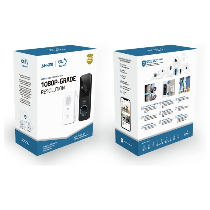 Eufy Video Doorbell 1080p Negro, Blanco, Hogar, IP65, 1600x1200, 5m Nocturna, 1080p, Inalámbrico, 2400MHz, Batería 5000mAh, 4 Meses